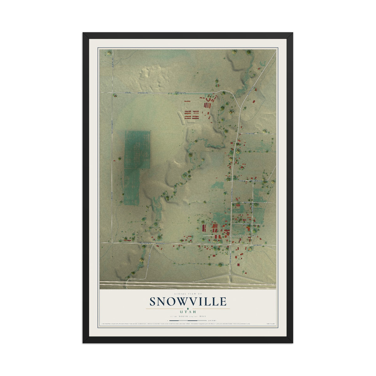 Map of Snowville, Utah, 12 x 18 inch print in a black wood frame