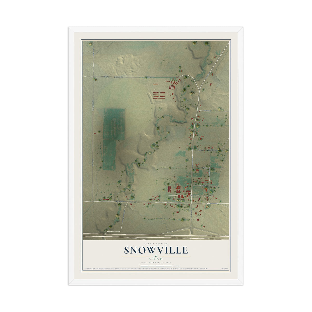 Map of Snowville, Utah, 12 x 18 inch print in a white wood frame