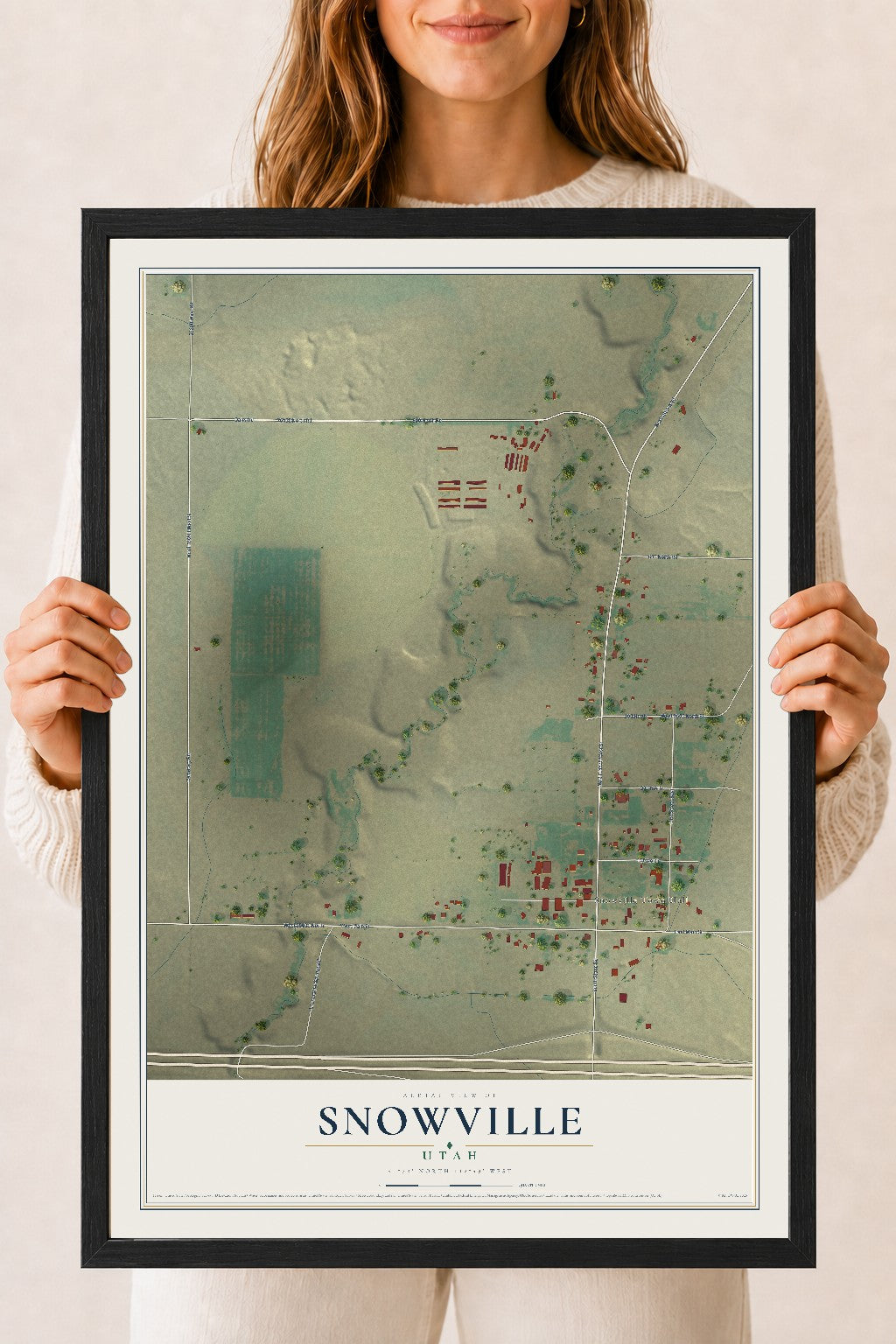 Map of Snowville, Utah, 18 x 24 inch print in a black wood frame