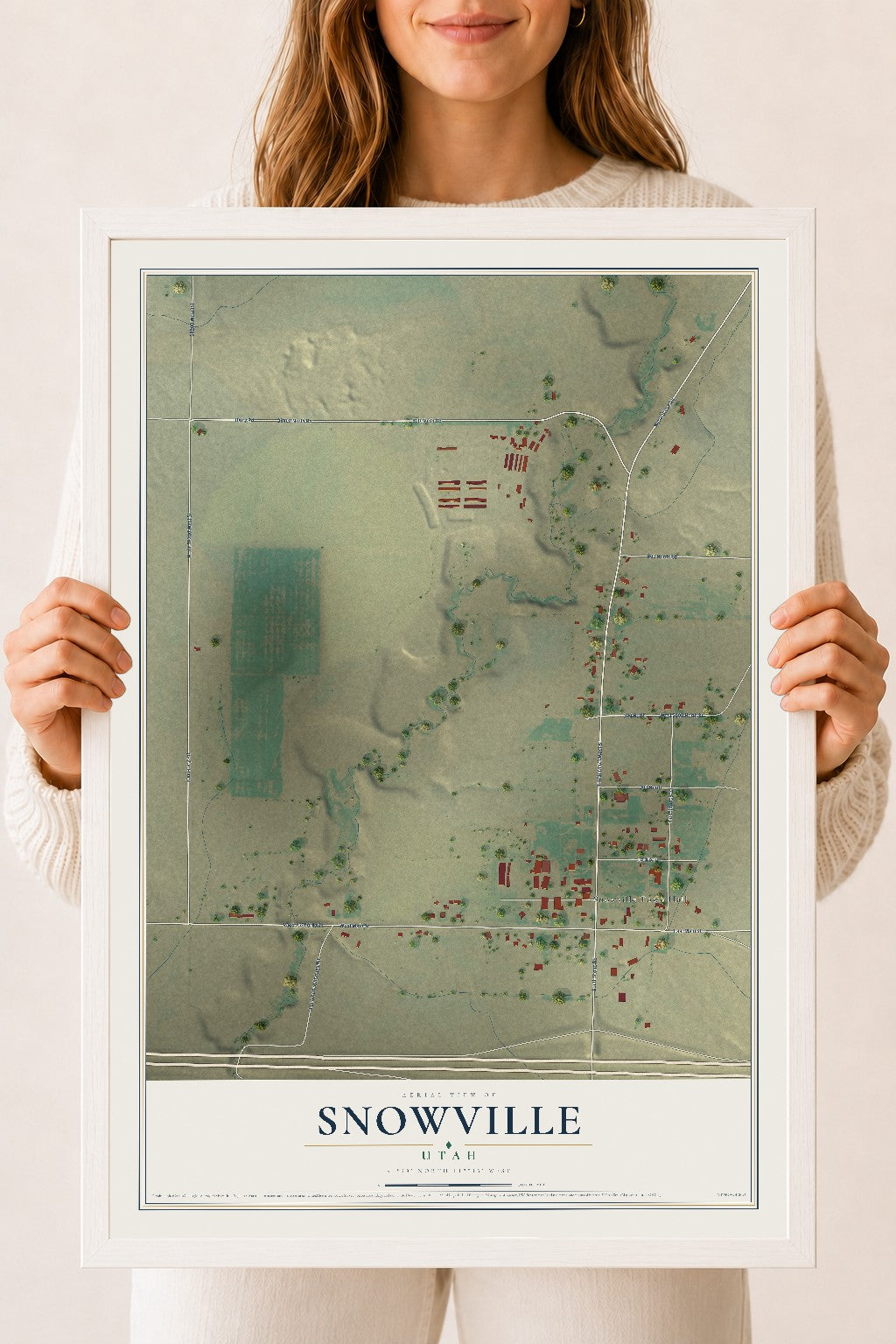 Map of Snowville, Utah, 18 x 24 inch print in a white wood frame