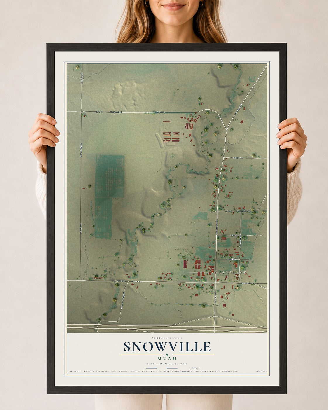 Map of Snowville, Utah, 24 x 36 inch print in a black wood frame