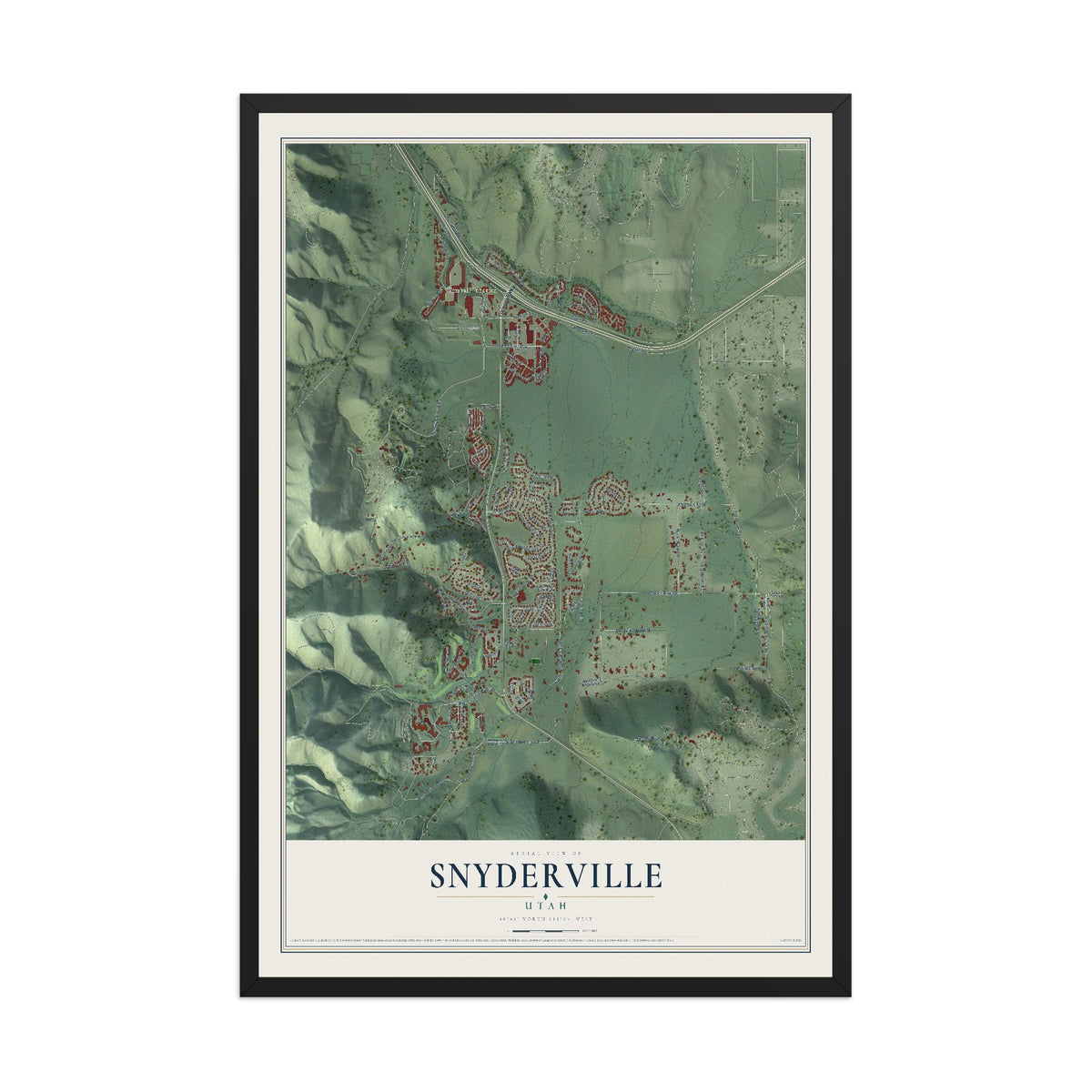 Map of Snyderville, Utah, 12 x 18 inch print in a black wood frame