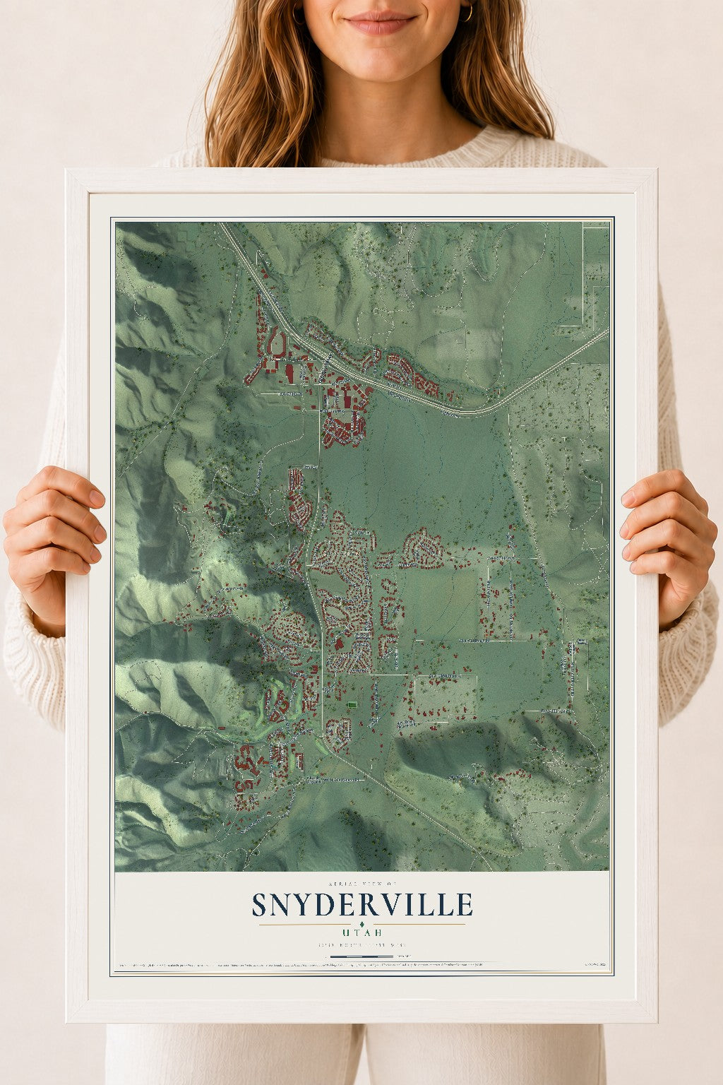 Map of Snyderville, Utah, 18 x 24 inch print in a white wood frame