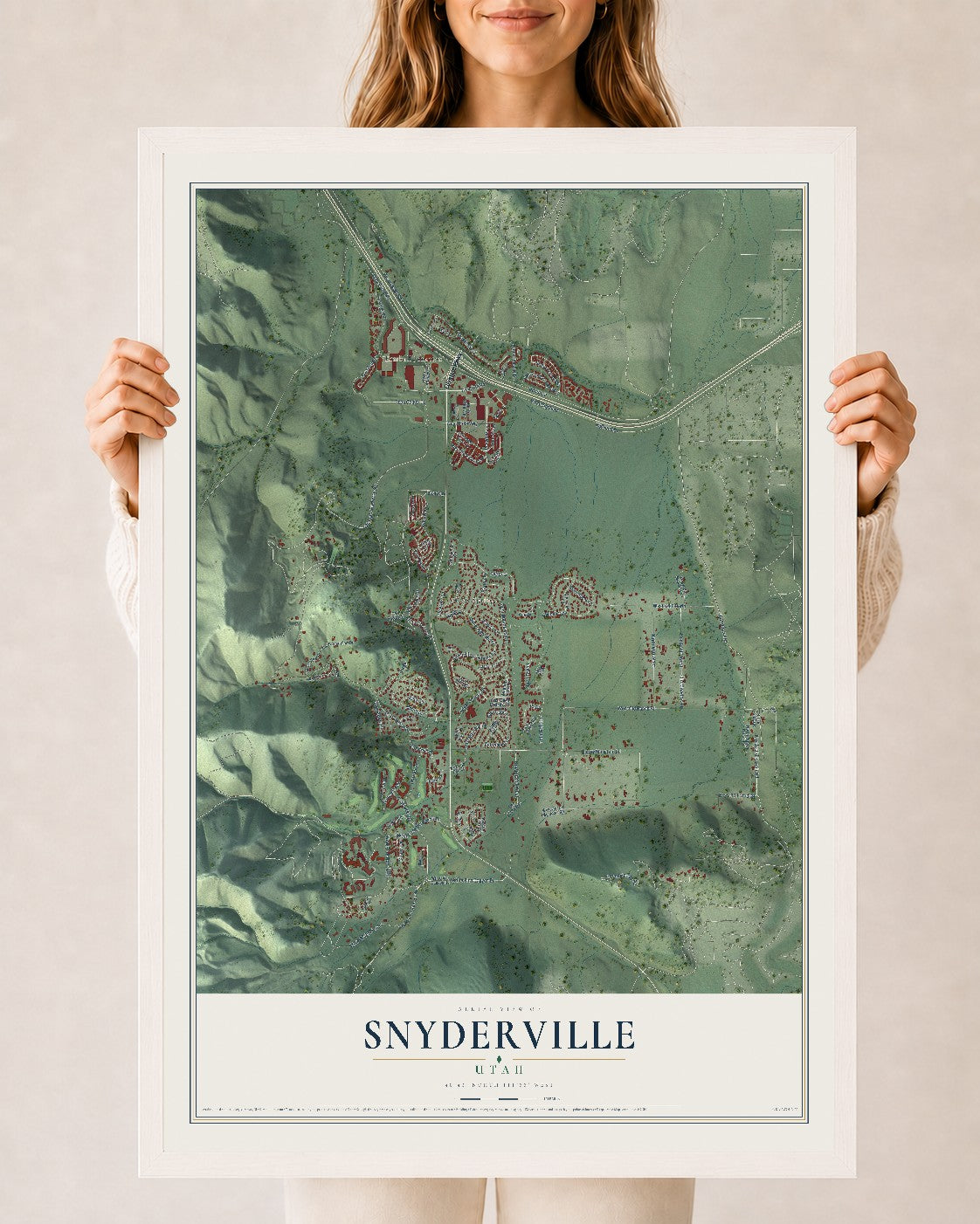 Map of Snyderville, Utah, 24 x 36 inch print in a white wood frame