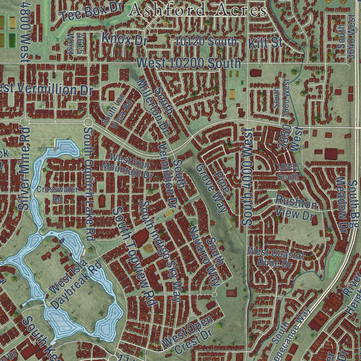 Close-up of the map of South Jordan, Utah print showing street and building detail
