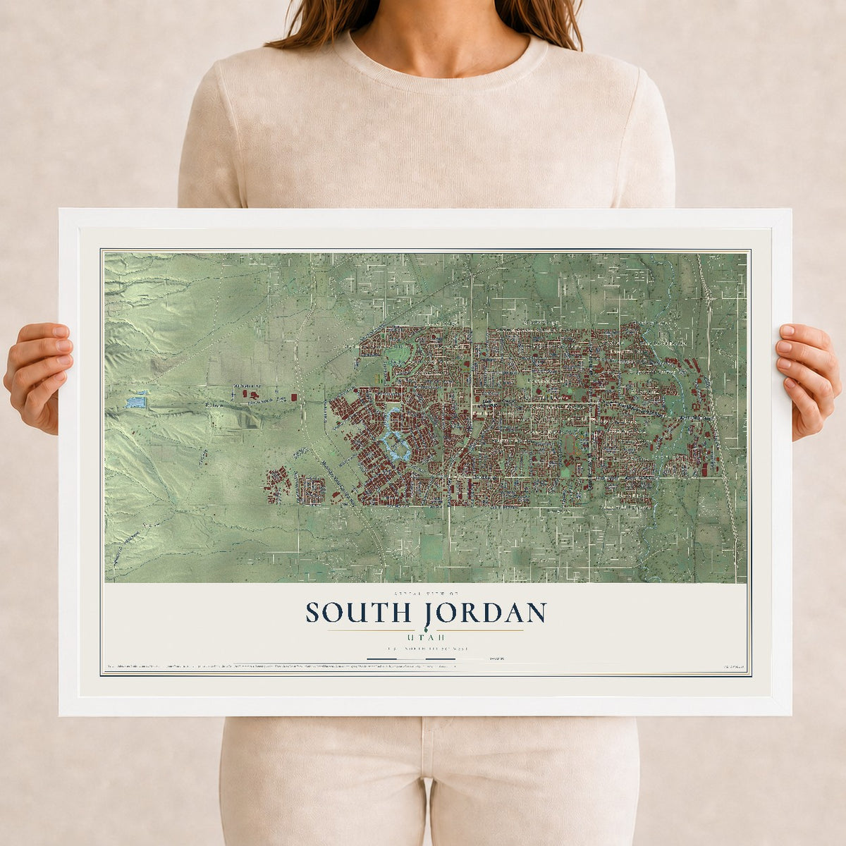 Map of South Jordan, Utah, 12 x 18 inch print in a white wood frame