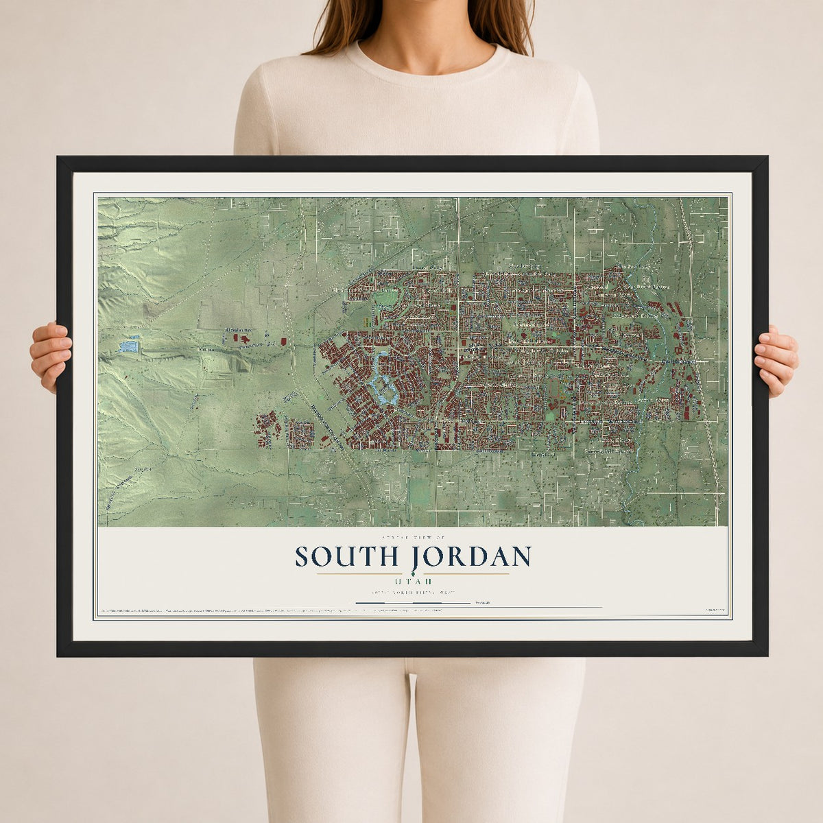Map of South Jordan, Utah, 24 x 36 inch print in a black wood frame