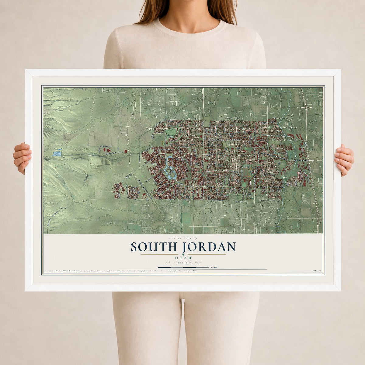 Map of South Jordan, Utah, 24 x 36 inch print in a white wood frame