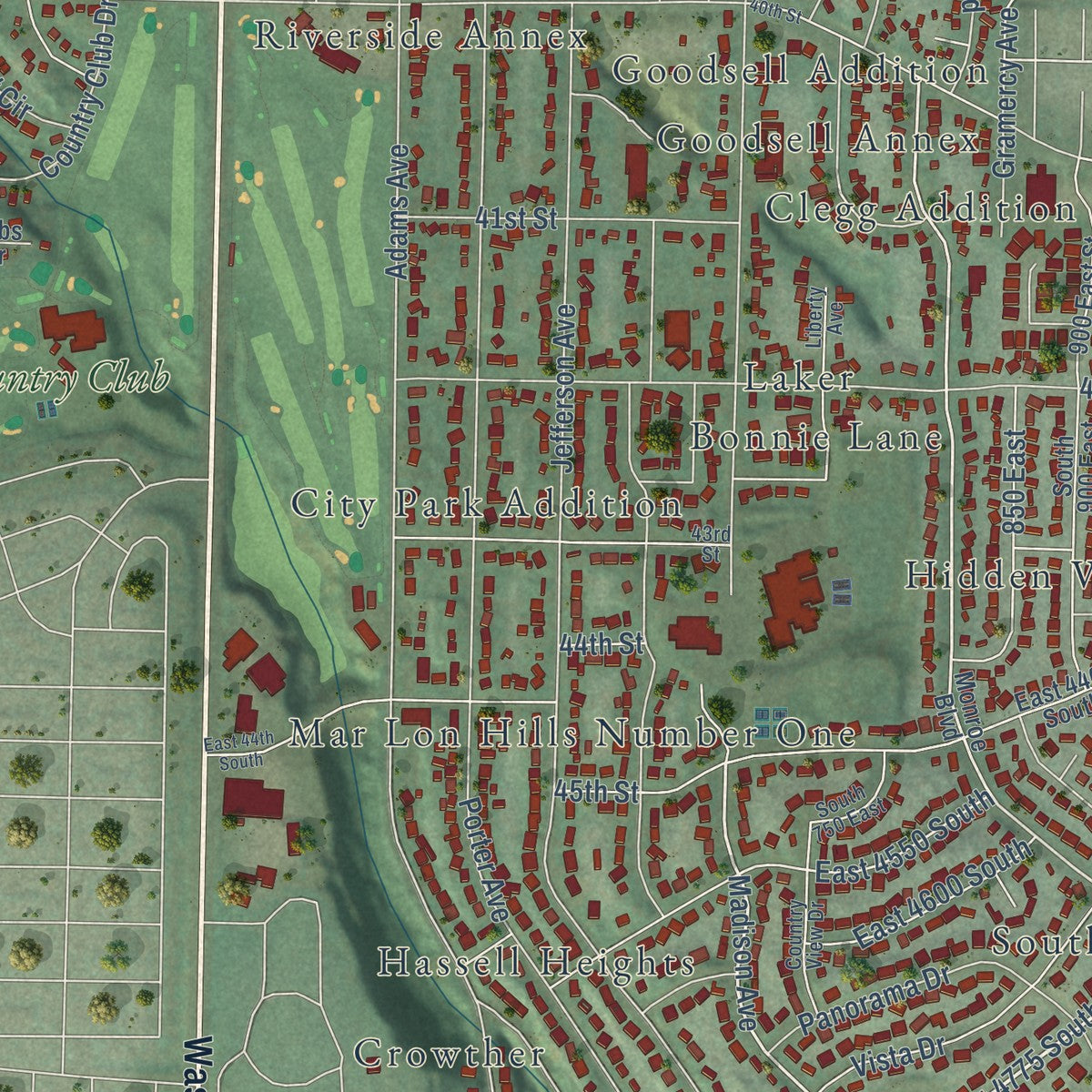 Second close-up of the map of South Ogden, Utah print showing more streets and buildings