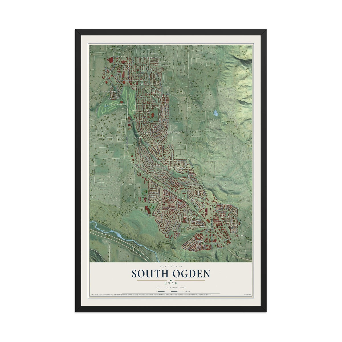 Map of South Ogden, Utah, 12 x 18 inch print in a black wood frame