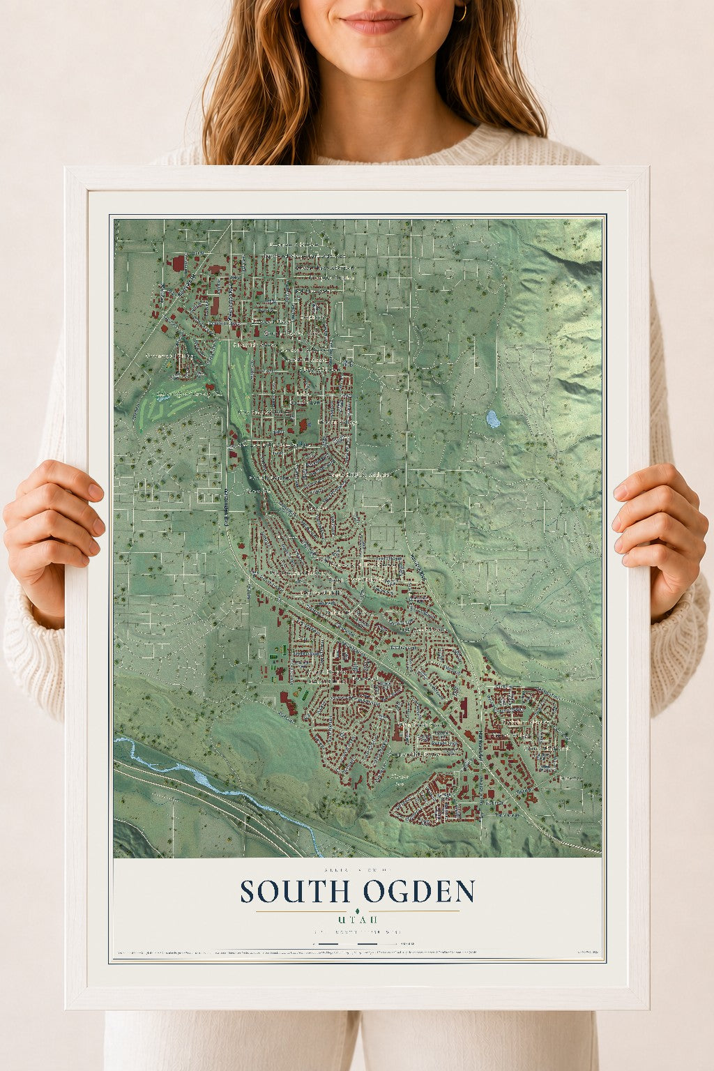 Map of South Ogden, Utah, 18 x 24 inch print in a white wood frame