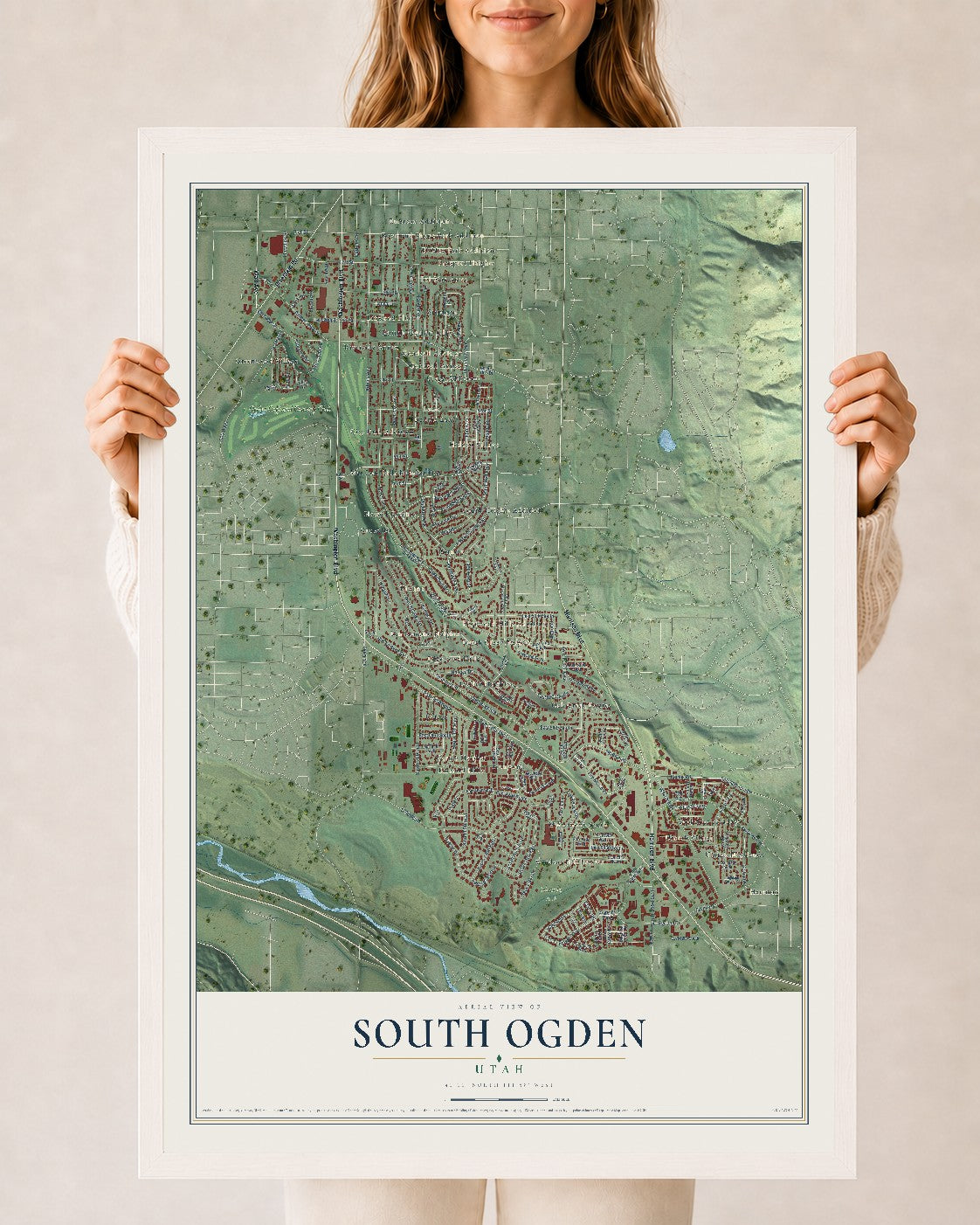 Map of South Ogden, Utah, 24 x 36 inch print in a white wood frame