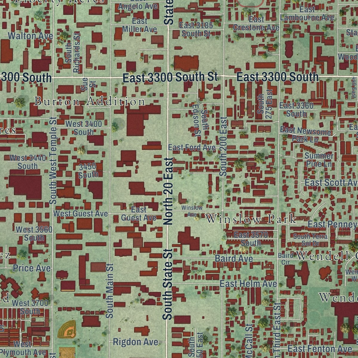 Close-up of the map of South Salt Lake, Utah print showing street and building detail