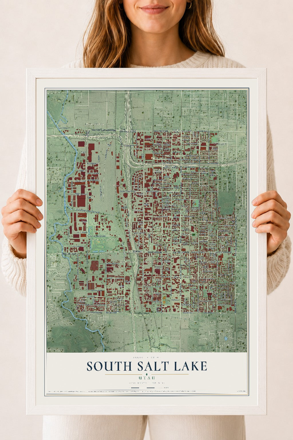 Map of South Salt Lake, Utah, 18 x 24 inch print in a white wood frame