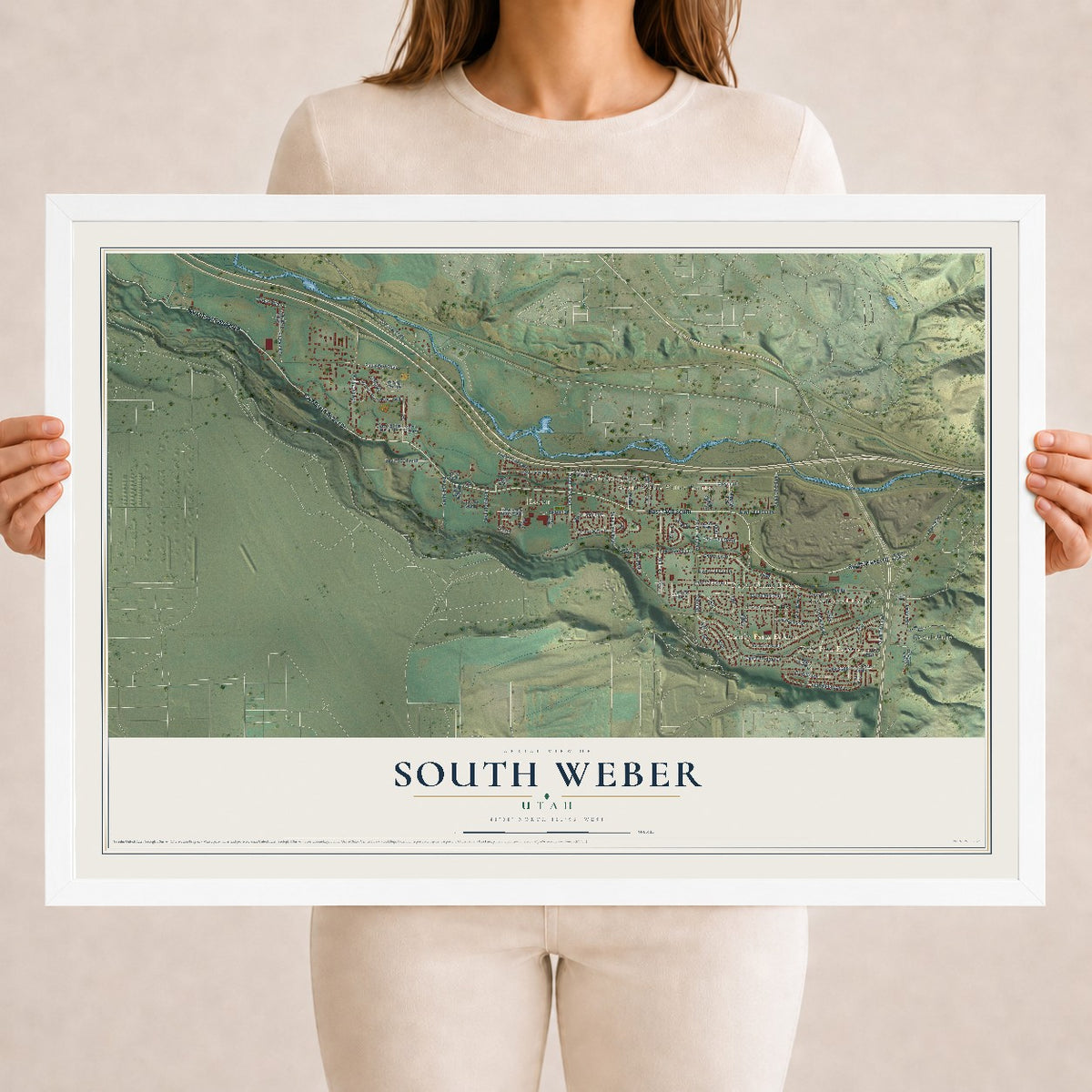 Map of South Weber, Utah, 18 x 24 inch print in a white wood frame