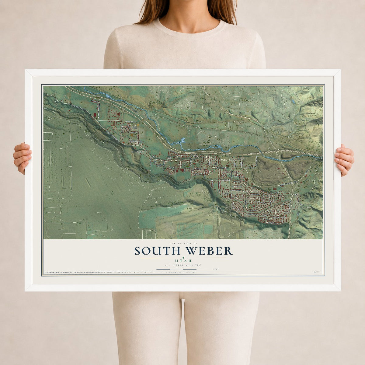 Map of South Weber, Utah, 24 x 36 inch print in a white wood frame