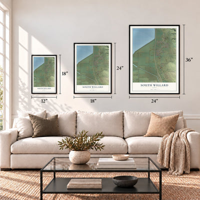 South Willard, Utah map in 12 x 18, 18 x 24 and 24 x 36 inch sizes above a sofa