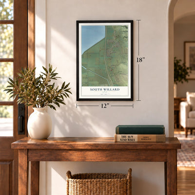 South Willard, Utah map, 12 x 18 inch print in a black frame in an entryway