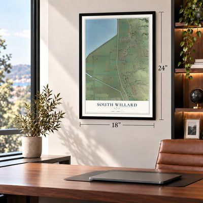 South Willard, Utah map, 18 x 24 inch print in a black frame in a home office