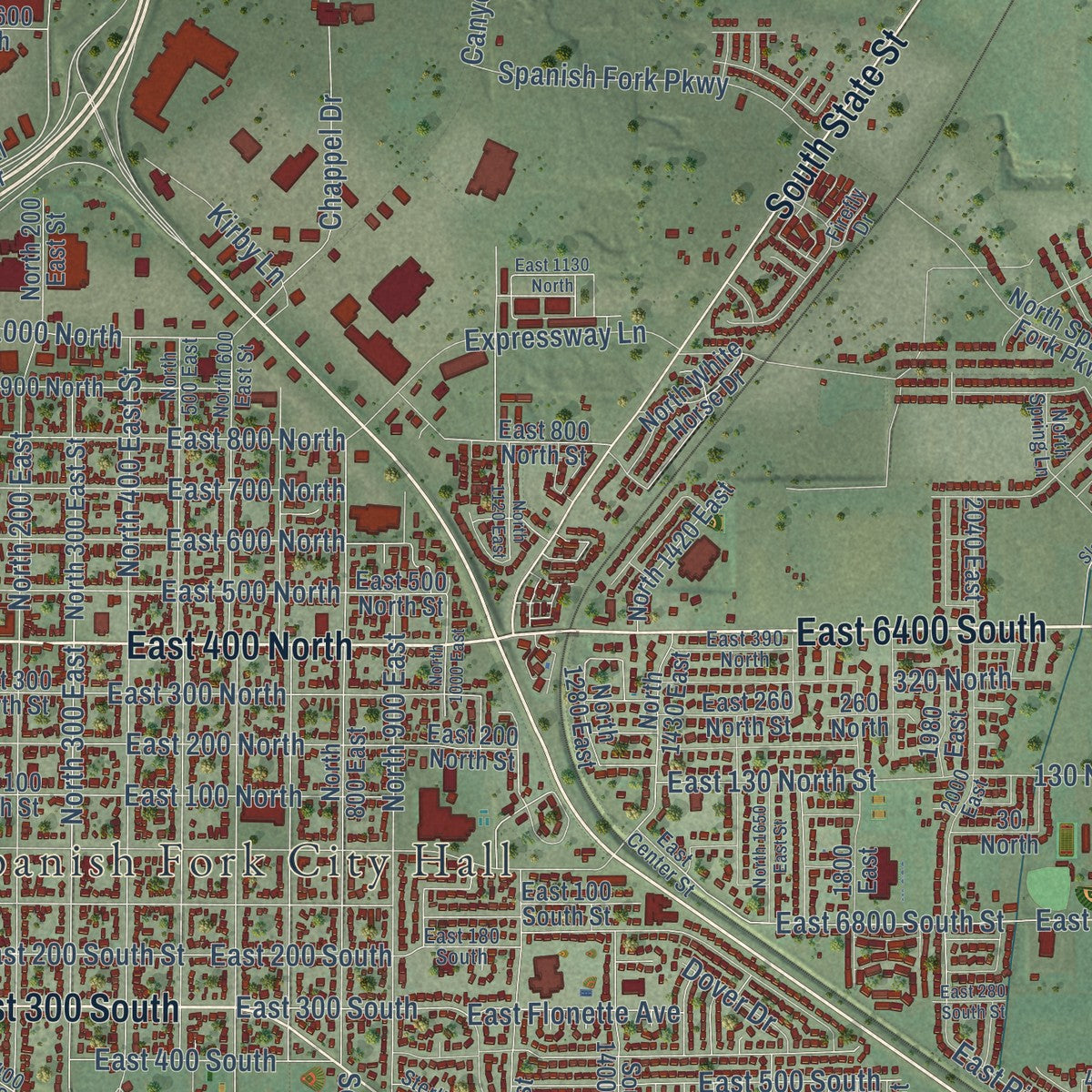 Close-up of the map of Spanish Fork, Utah print showing street and building detail