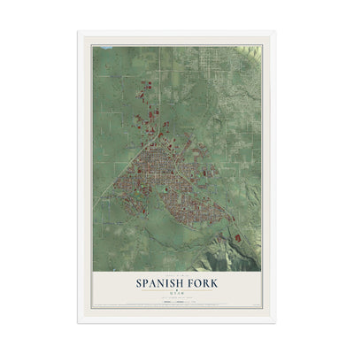 Map of Spanish Fork, Utah, 12 x 18 inch print in a white wood frame