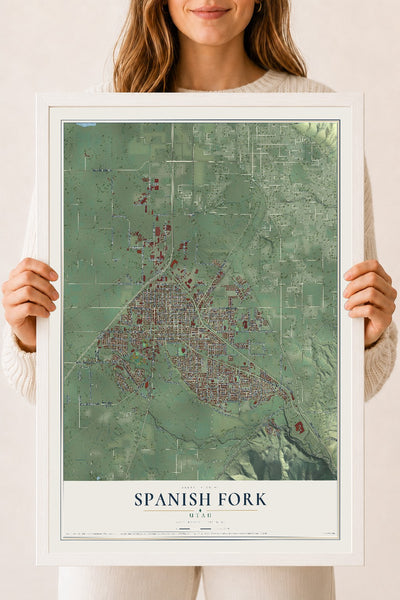 Map of Spanish Fork, Utah, 18 x 24 inch print in a white wood frame
