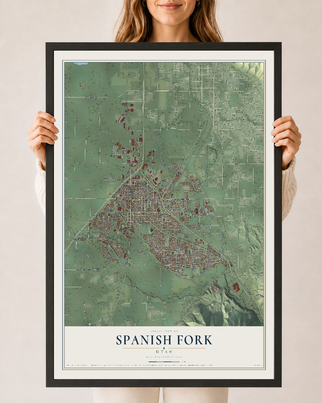 Map of Spanish Fork, Utah, 24 x 36 inch print in a black wood frame