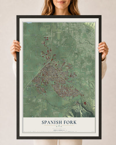 Map of Spanish Fork, Utah, 24 x 36 inch print in a black wood frame