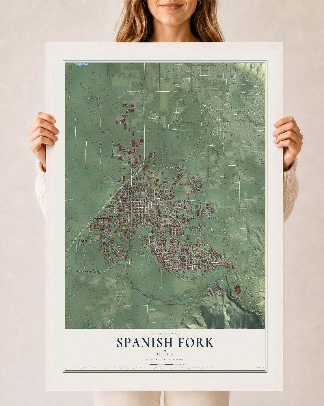 Map of Spanish Fork, Utah, 24 x 36 inch print in a white wood frame