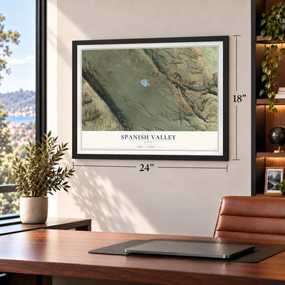 Spanish Valley, Utah map, 18 x 24 inch print in a black frame in a home office
