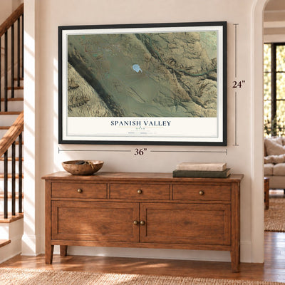 Spanish Valley, Utah map, 24 x 36 inch print in a black frame above a dresser by a staircase