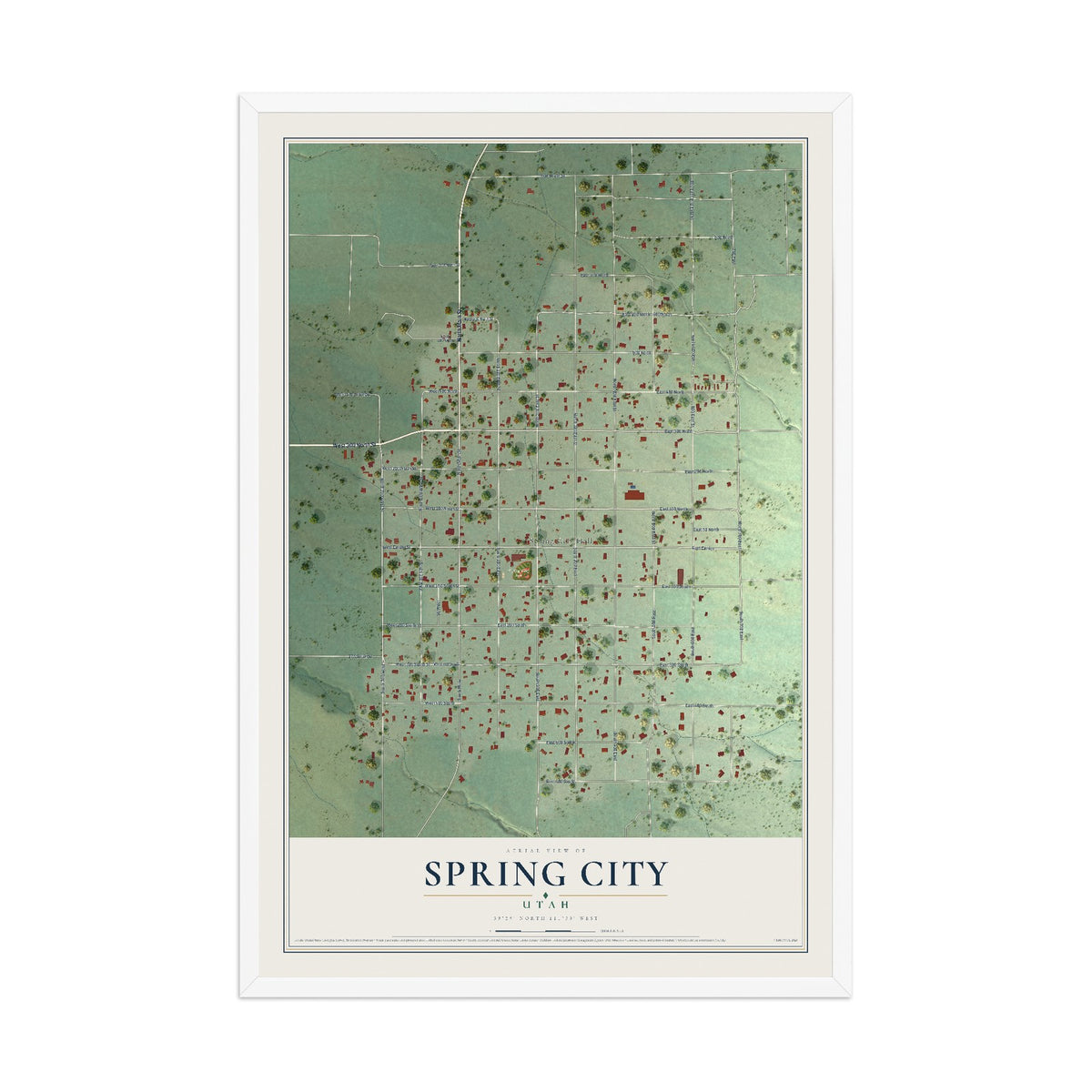 Map of Spring City, Utah, 12 x 18 inch print in a white wood frame