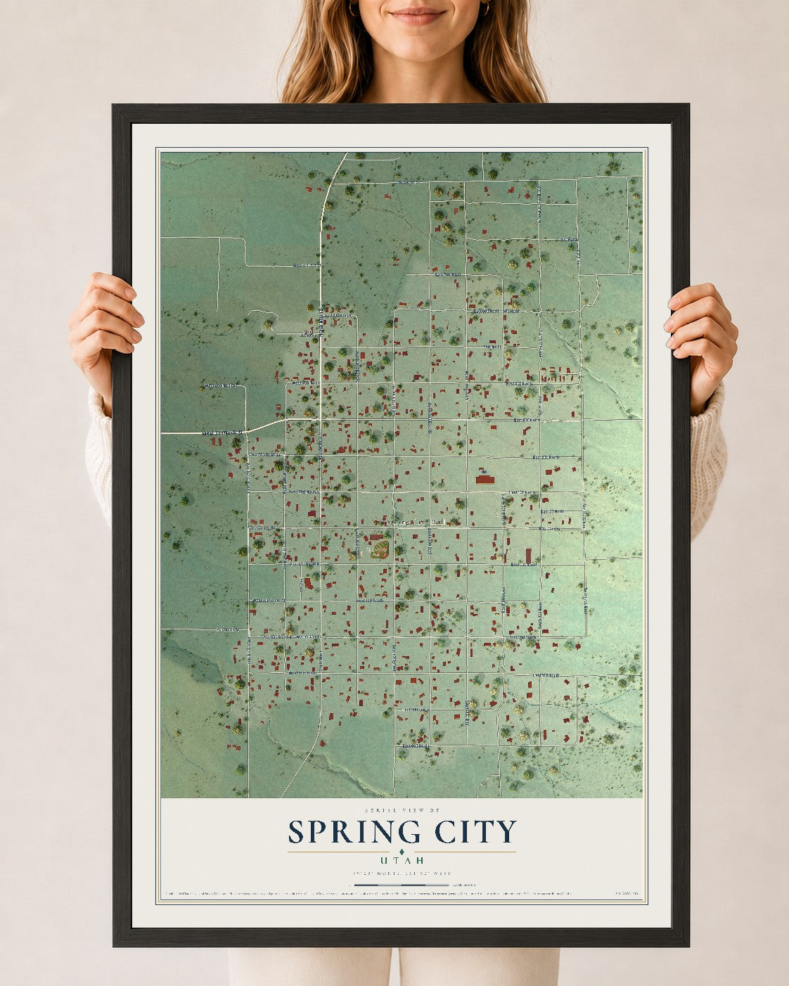 Map of Spring City, Utah, 24 x 36 inch print in a black wood frame