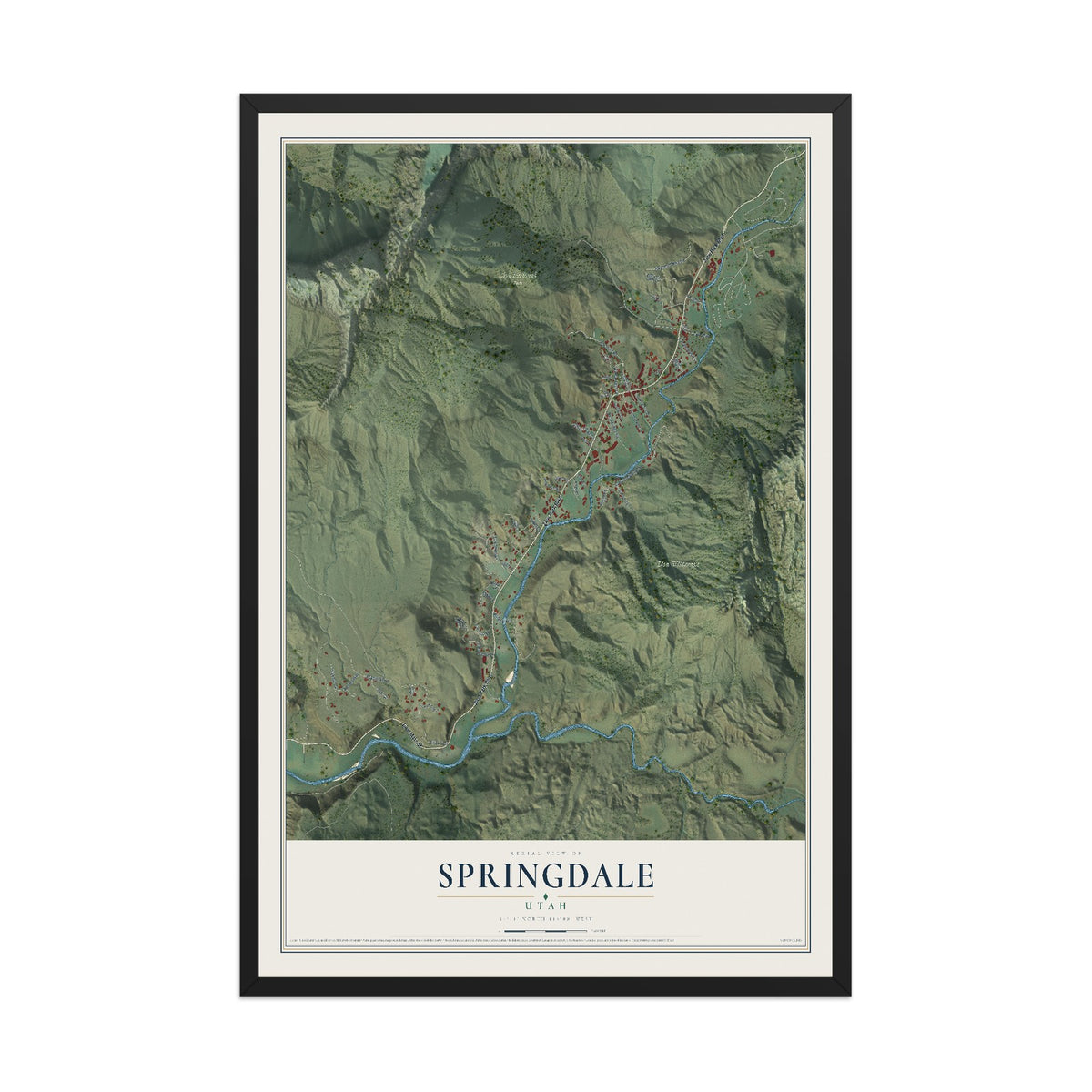 Map of Springdale, Utah, 12 x 18 inch print in a black wood frame