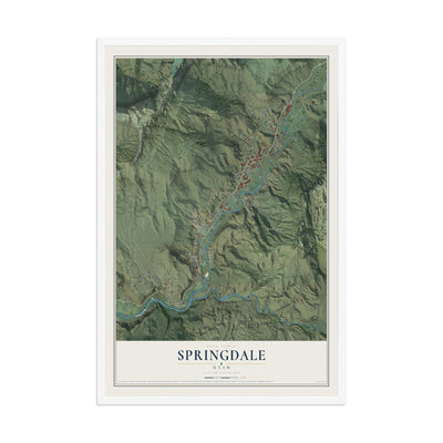 Map of Springdale, Utah, 12 x 18 inch print in a white wood frame