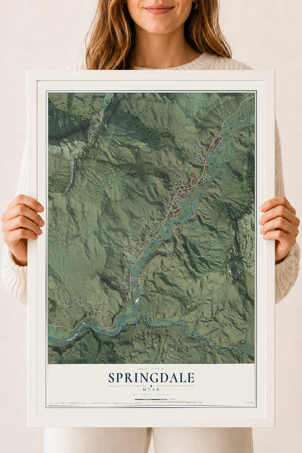 Map of Springdale, Utah, 18 x 24 inch print in a white wood frame