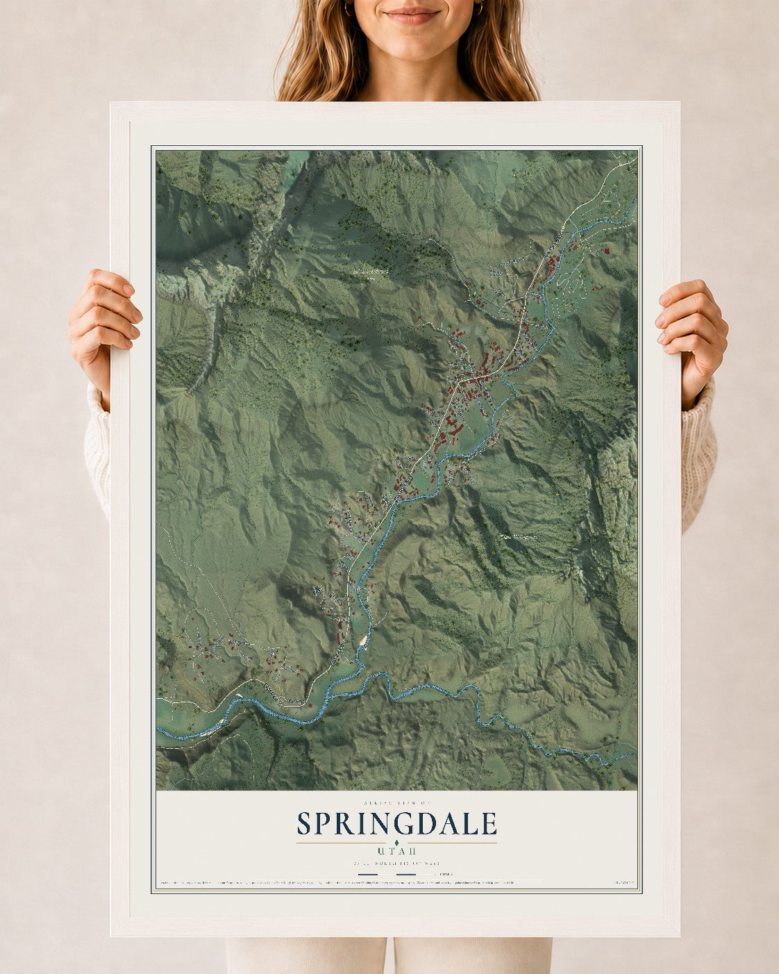 Map of Springdale, Utah, 24 x 36 inch print in a white wood frame