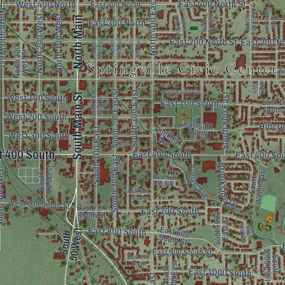 Close-up of the map of Springville, Utah print showing street and building detail
