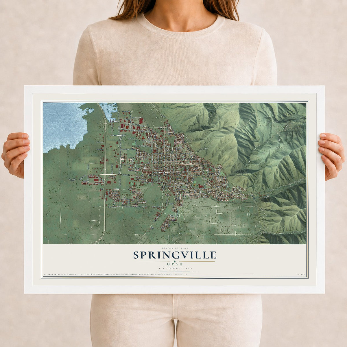 Map of Springville, Utah, 12 x 18 inch print in a white wood frame
