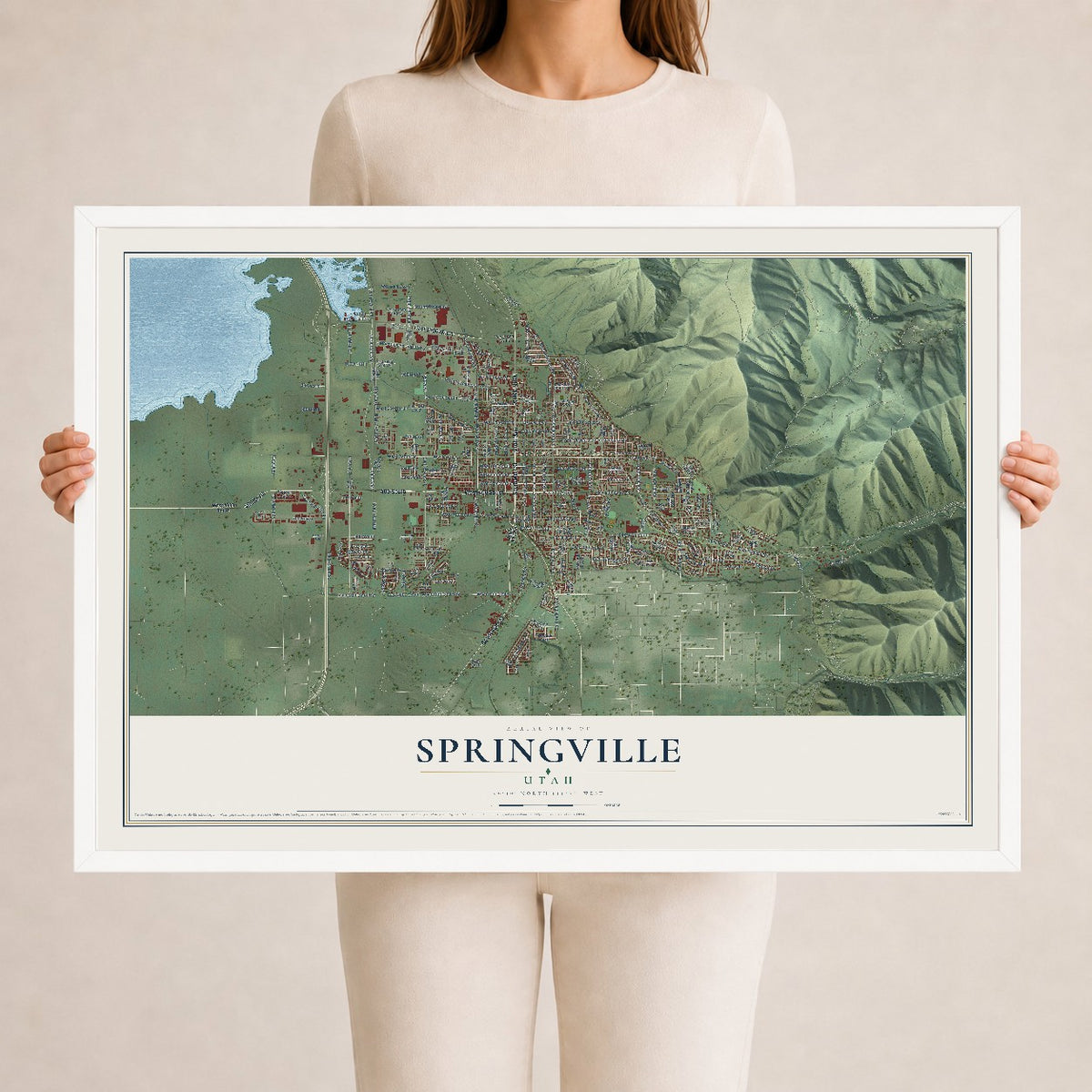 Map of Springville, Utah, 24 x 36 inch print in a white wood frame
