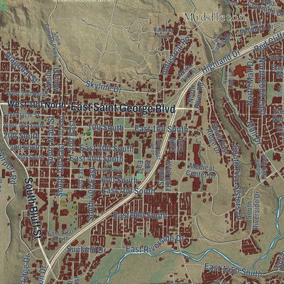 Close-up of the map of St. George, Utah print showing street and building detail