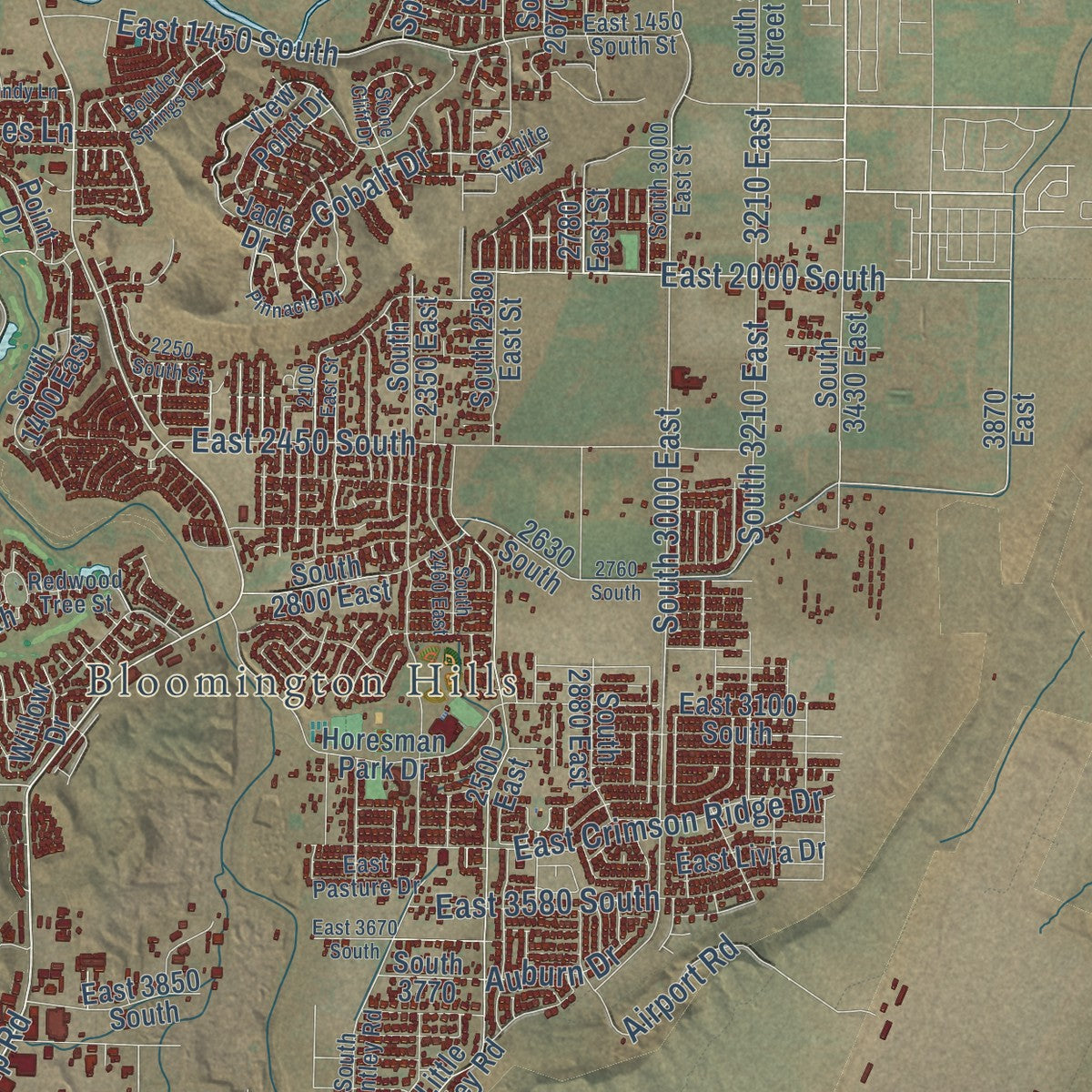 Second close-up of the map of St. George, Utah print showing more streets and buildings