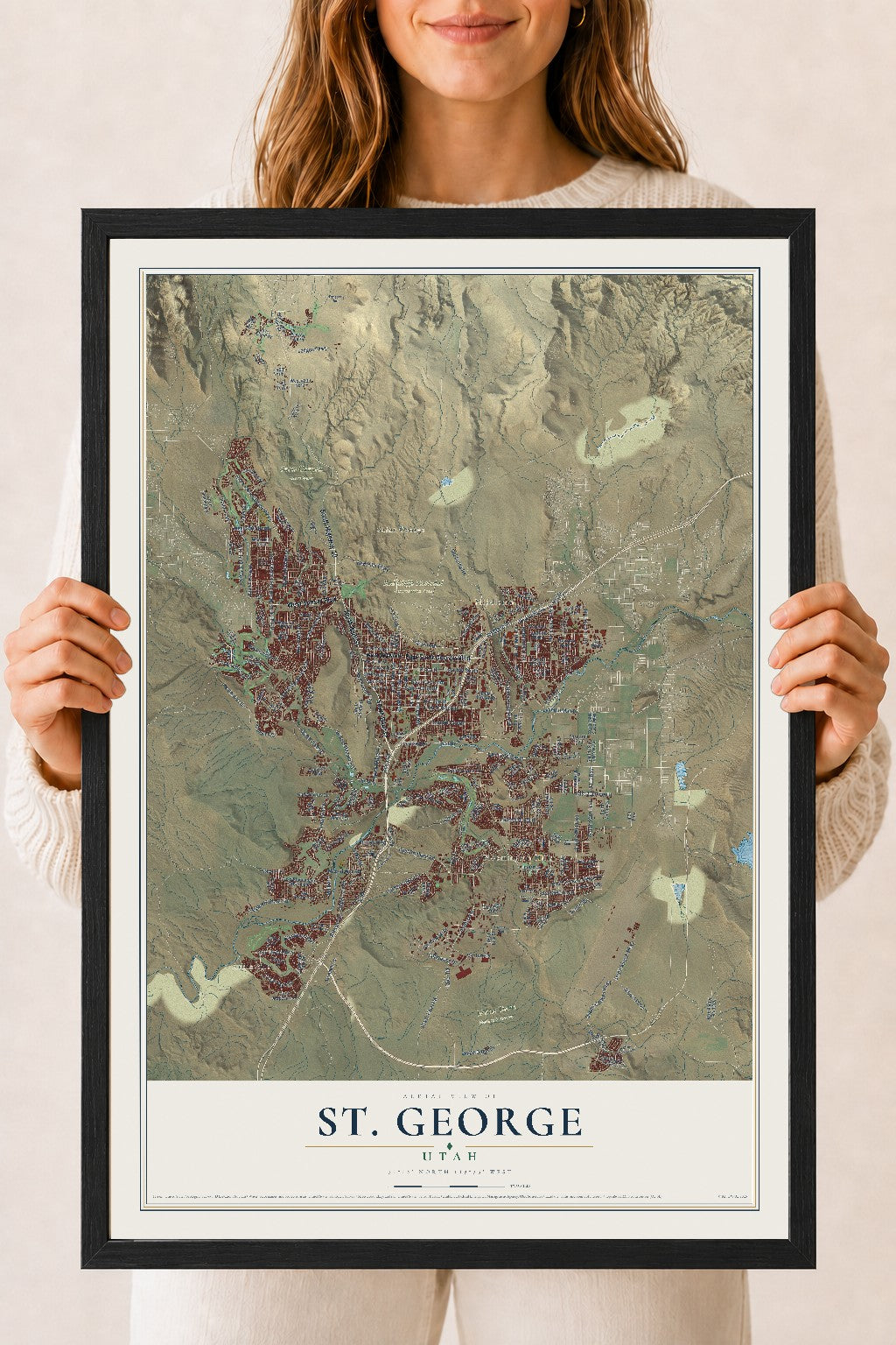 Map of St. George, Utah, 18 x 24 inch print in a black wood frame
