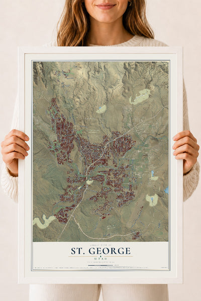 Map of St. George, Utah, 18 x 24 inch print in a white wood frame