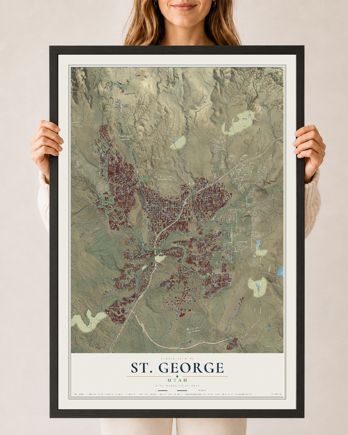 Map of St. George, Utah, 24 x 36 inch print in a black wood frame