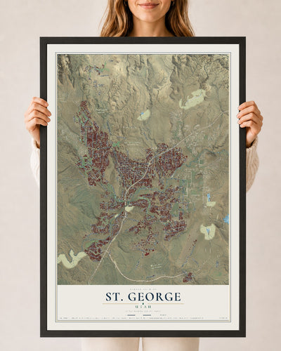 Map of St. George, Utah, 24 x 36 inch print in a black wood frame