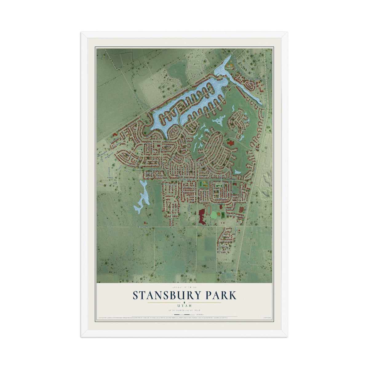 Map of Stansbury Park, Utah, 12 x 18 inch print in a white wood frame