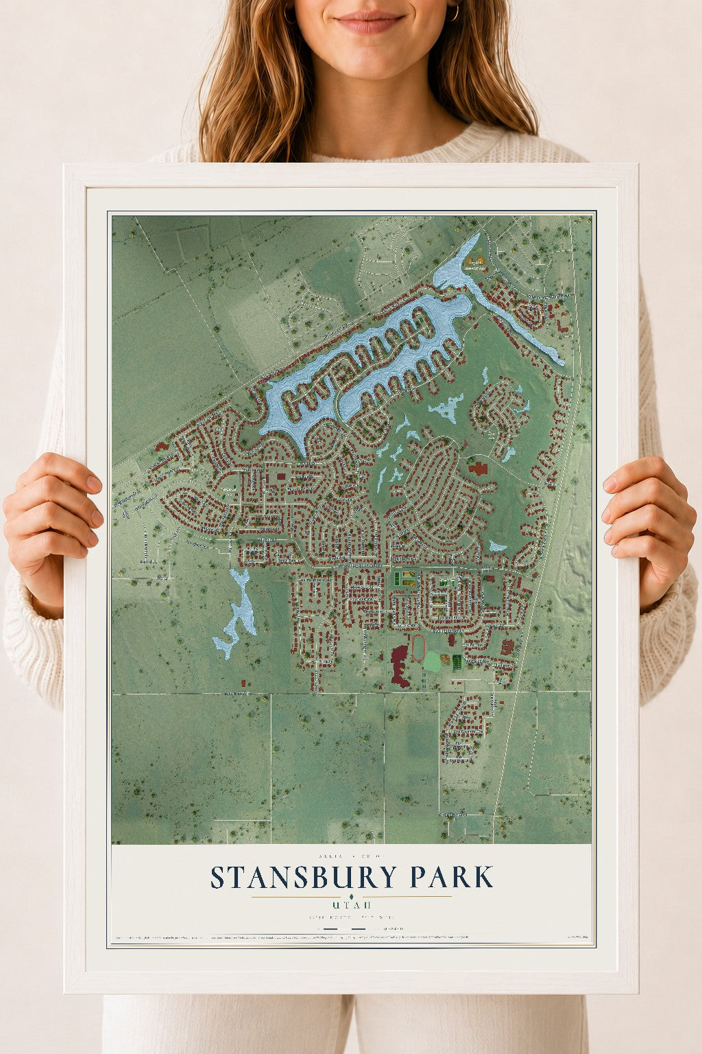 Map of Stansbury Park, Utah, 18 x 24 inch print in a white wood frame