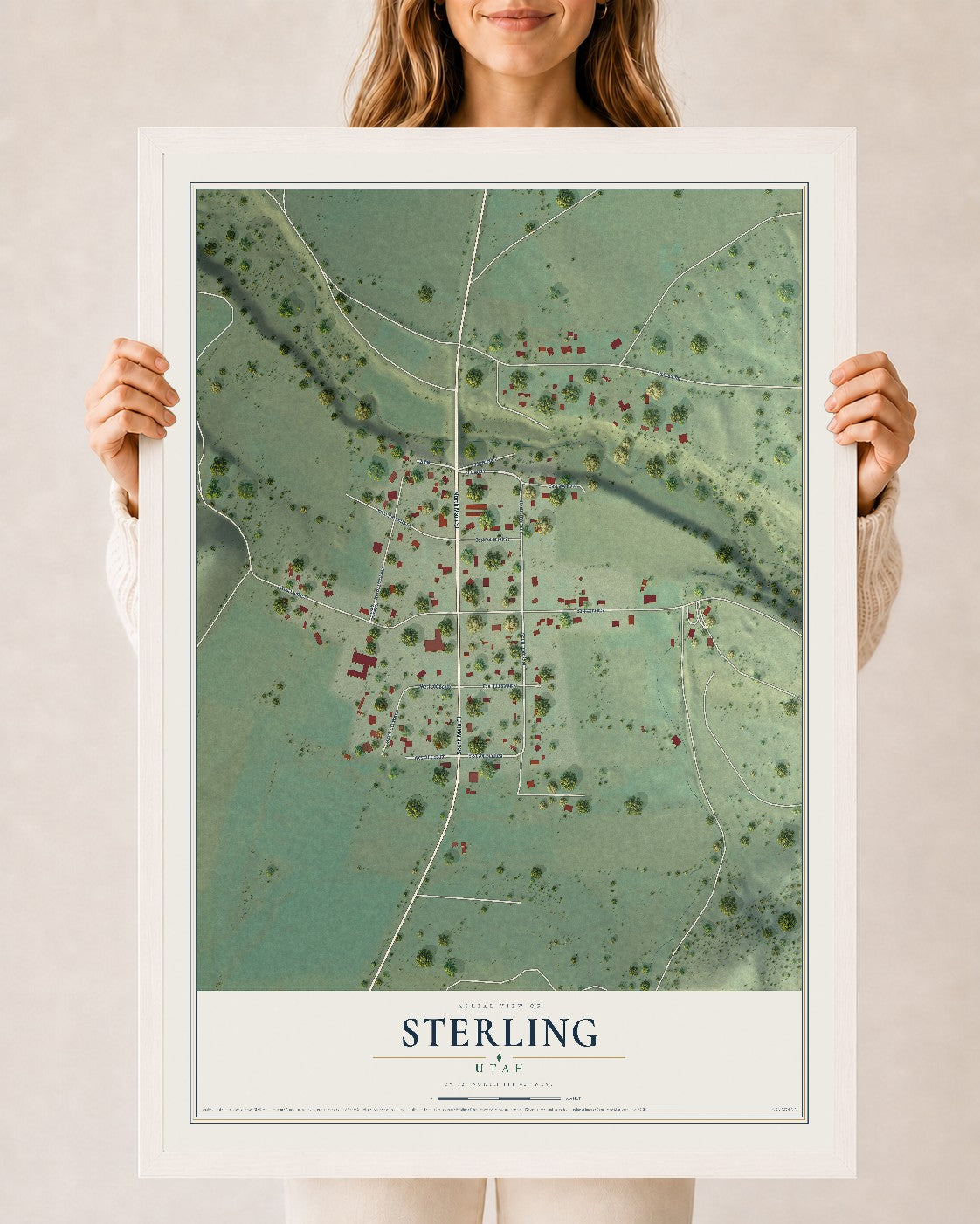 Map of Sterling, Utah, 24 x 36 inch print in a white wood frame