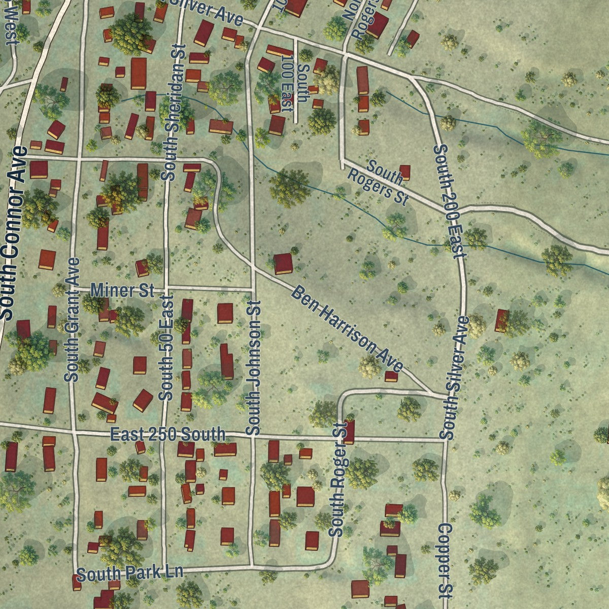 Close-up of the map of Stockton, Utah print showing street and building detail